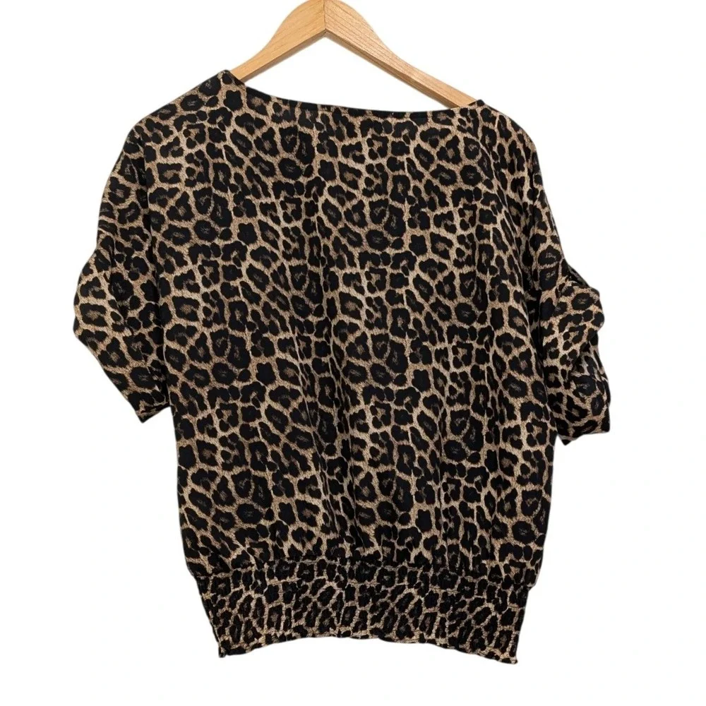 Michael Kors Blouse Leopard Animal Print Smocked Waist Puff Sleeve - Medium